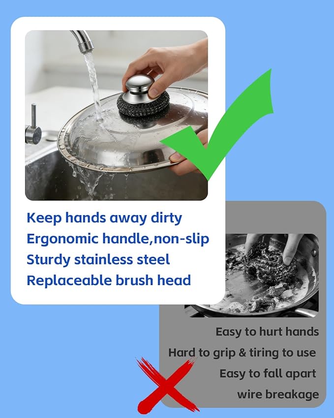 Stainless Steel Scrubber with Handle, Heavy Duty Steel Wool Scrubbers for Pots and Pans, Cast Iron, Steel Wool Scouring Pads for Stove, Oven, Grill, Kitchen, Sink Cleaning
