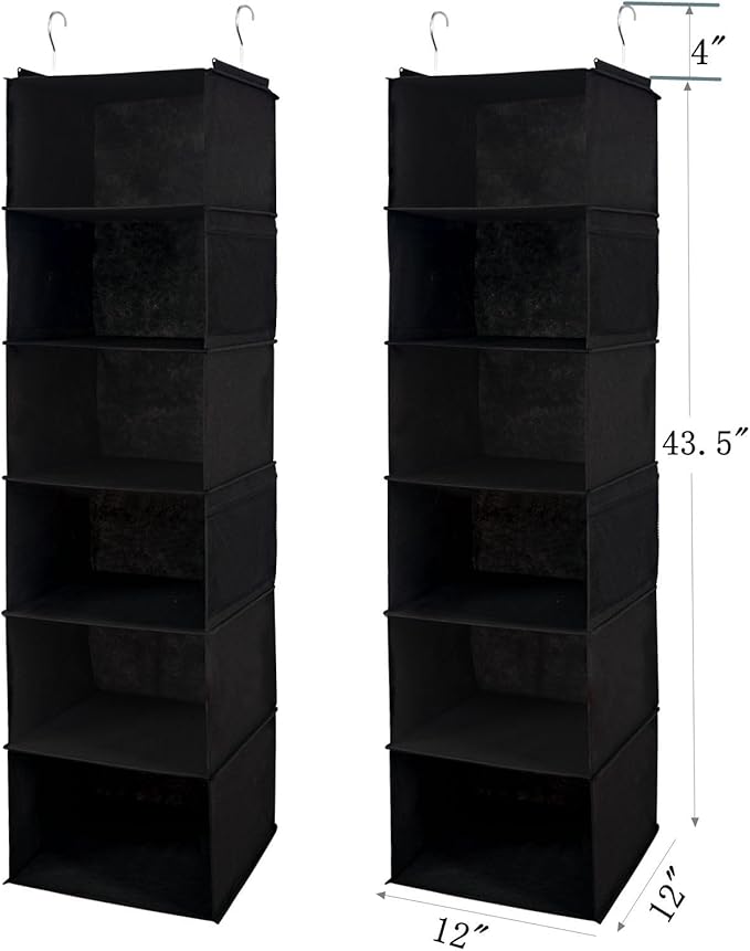 BrilliantJo 6 Shelves Hanging Closet Organizer, 2 Pack Hanging Storage with 4 Side Pockets for Clothes Shoes, 43.5"x12"x12"(Black)