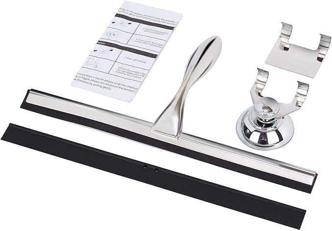 12 Inch Squeegee for Shower, Shower Squeegee with Suction Cup Hooks, for Glass Door Marble Mirror Bathroom, Chrome Plated Stainless Steel Deluxe Car Window Home Kitchen Tile Scraper