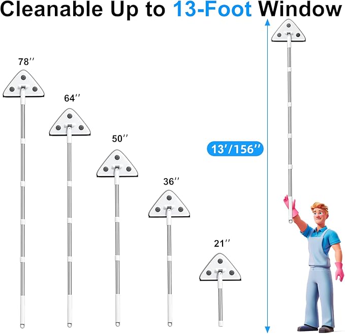 CTIME 78'' 3 in1 Professional Window Squeegee & Wall Mop : Window Cleaning Kit with 360° Rotating Triangular Head & Universal Cloth Slots (Includes 3 Reusable Pads)