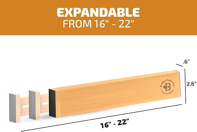 4 Pack Bamboo Drawer Dividers - 2.6 in High, Adjustable 16 to 22 in Expandable Drawer Organizers and Dresser Separators for Clothes, Bedroom, Bathroom, Kitchen, and Office Organization and Storage
