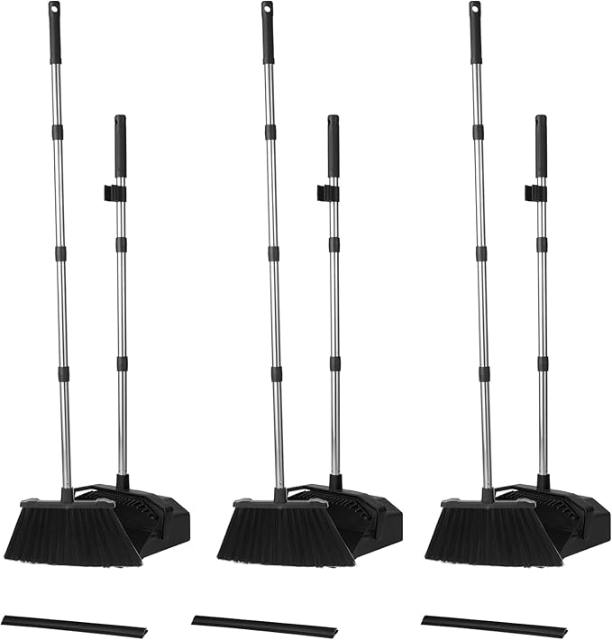 3-Pack Broom with Dustpan Combo Set, Commercial Broom and Dustpan Set, Dust Pan with Long Handle, 51'' Large Brooms with Self-Cleaning Dust Pan Teeth for Restaurant Lobby Garage - Black