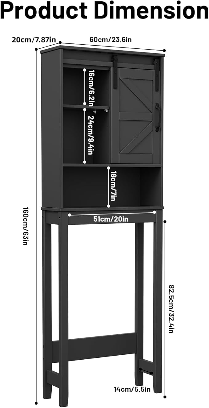 Over The Toilet Storage Cabinet, Bathroom Organizer with Anti-Tip Kit, Adjustable Shelves, Elegant Matte Black Finish Suits Modern Bathrooms.