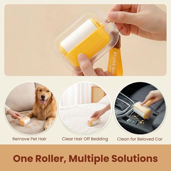 Travel Portable Lint Roller with Hand Strap, Reusable Mini Extra Sticky Pet Hair Remover for Dog Cat Fur, for Clothes Bag Dust Fuzz (Yellow)