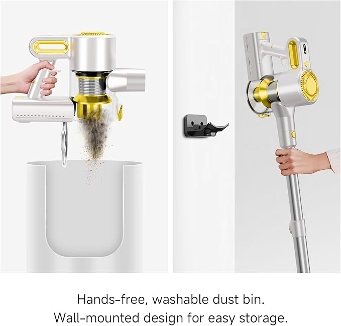 Honki Cordless Vacuum Cleaner for Home, Powerful Stick Vacuum with Rechargeable Battery, Green Light Anti-Tangle Brush, 6-in-1 Lightweight Handheld Vacuum for Pet Hair, Hard Floor, Carpet, Yellow