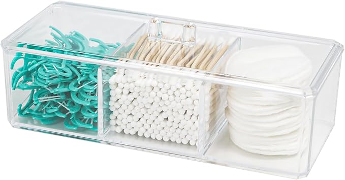 ZEXALOR Clear Bathroom Dresser Organizer - Cotton Ball Swab Holder with 3 Divided Compartments&Lid, , Waterproof Transparent Small Plastic Storage Containers, Vanity Makeup Organization