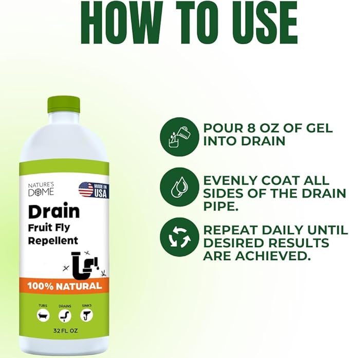 Nature’s Dome Drain Fly Killer Gel | Kills & Prevents Drain Flies & Fruit Flies | Natural Plant-Based Fly Killer Treatment Indoor for Sinks & Pipes | Safe for Septic Systems | 32 Oz