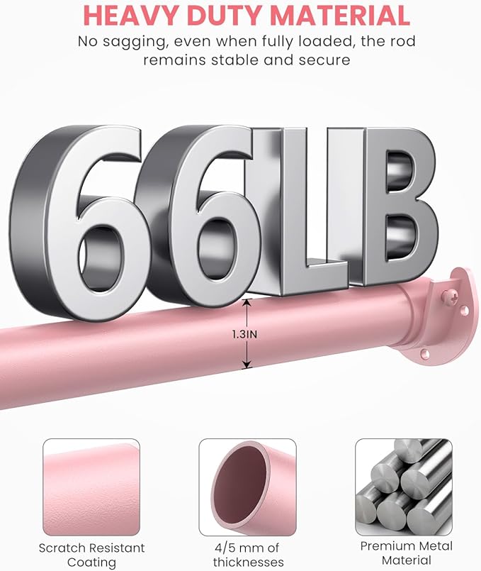 Supforce Closet Rods for Hanging Clothes, 17 to 99 Inches Stepless Adjustable Metal Closet Rod, 1.3 Inches Heavy Duty Clothes Hanging Rod for Closet Wardrobes Laundry RV, Pink