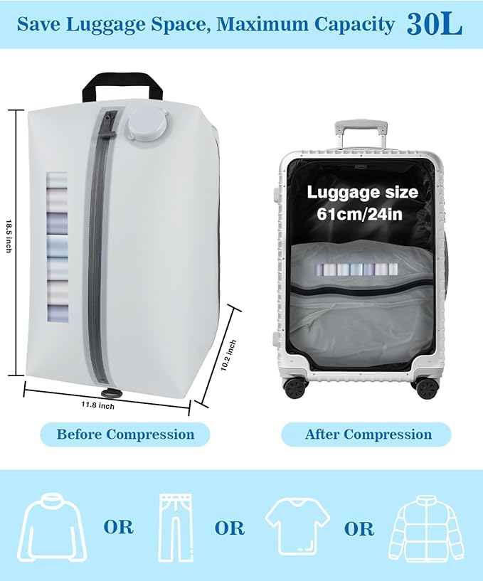 Professional Vacuum Bags with Built-in Pump, 30L Vacuum Seal Bags with See-through Window, Space Saver Bags for Clothing Travel IP67, Reusable Compression Bag (Silver White 1PC)