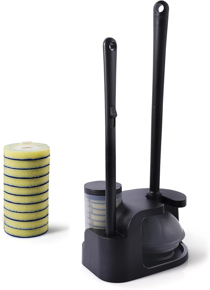 Eyliden Disposable Toilet Brush and Plunger Combo | 2-in-1 Toilet Bowl Wand Kit - 10 Count Pre-Soaked Refill Heads, 3-Step Plunger, Storage Holder - Compact Toilet Cleaning System, Black