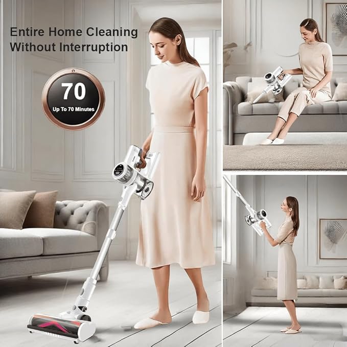 VYKLO Cordless Vacuum Cleaner, 600W 55Kpa 70Mins Stick Vacuum Cleaners for Home, AUTO Dust Detection/LED Touch Display, Rechargeable Wall Mount, Wireless Handheld Vacuum for Pet Hair/Carpet/Hard Floor