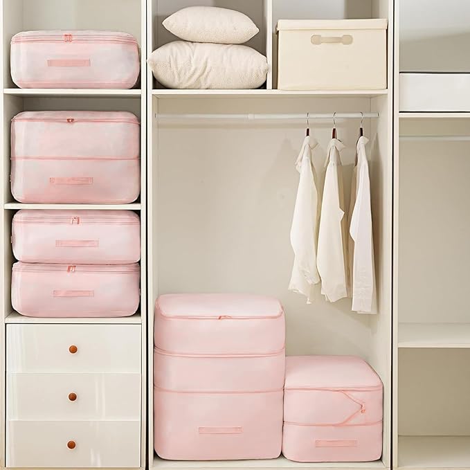 2Pcs Super Space Saving Self Compression Organizer, Space Saver Vacuum Storage Bags, Self Compression Storage Bags, vacuum seal bags for clothing, Sweaters, Blankets (Pink)