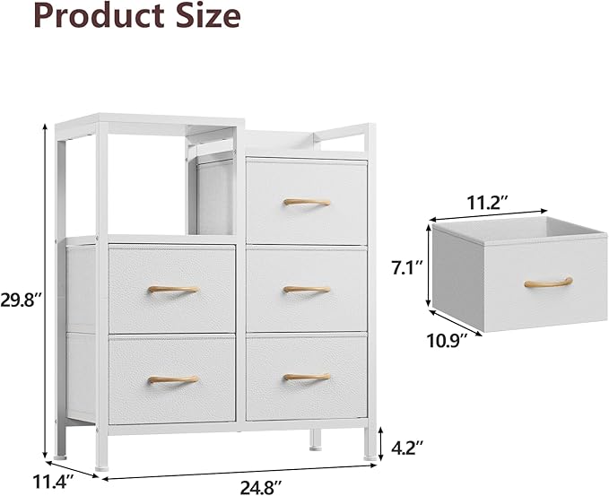 Furnulem 5 Drawer White Dressers for Bedroom 2 Tier Shelf Storage Small Fabric Dresser for Closet Sturdy Metal Frame Modern Style Storage Cabinets Organization Units for Hallway Rooms