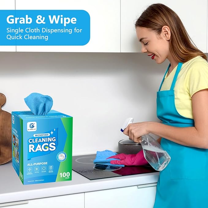 GLIMGLINT Shop Towel, 100 Pack Blue Microfiber Cleaning Cloth, Lint-Free, Ultra Absorbent Reusable Paper Towels for Home, Kitchen, Car, Garage or Shop, Cleaning Rags, 11" x 9"