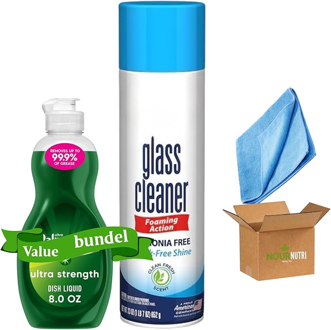 Bundle of 1 Glass Cleaner Spray 23 oz and 1 Liquid Dish Soap 8 fl oz Bundle with 1 Microfiber Cleaning Cloth