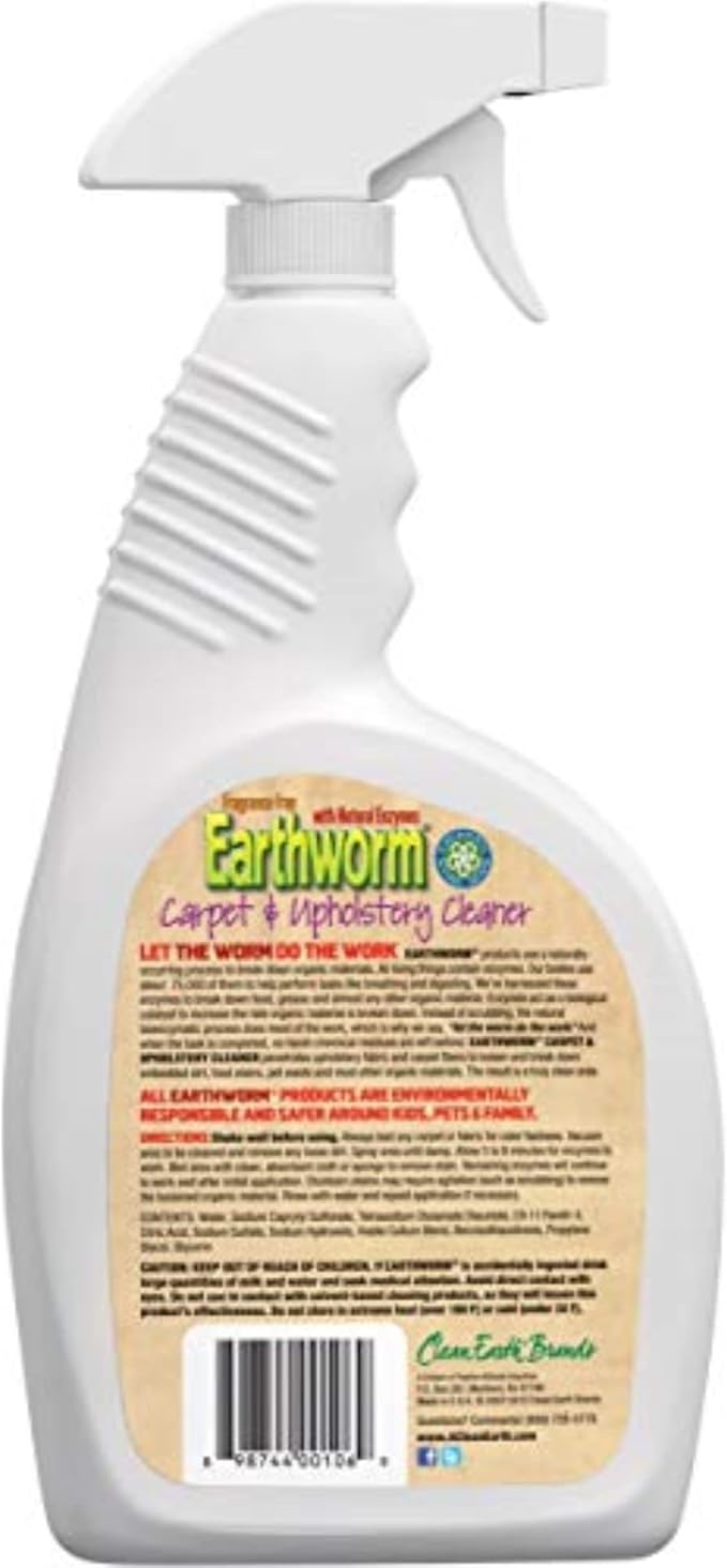 Earthworm Carpet & Upholstery Cleaner Spot & Stain Remover - Natural Enzymes, Safer for Family, Environmentally Responsible - 22 oz