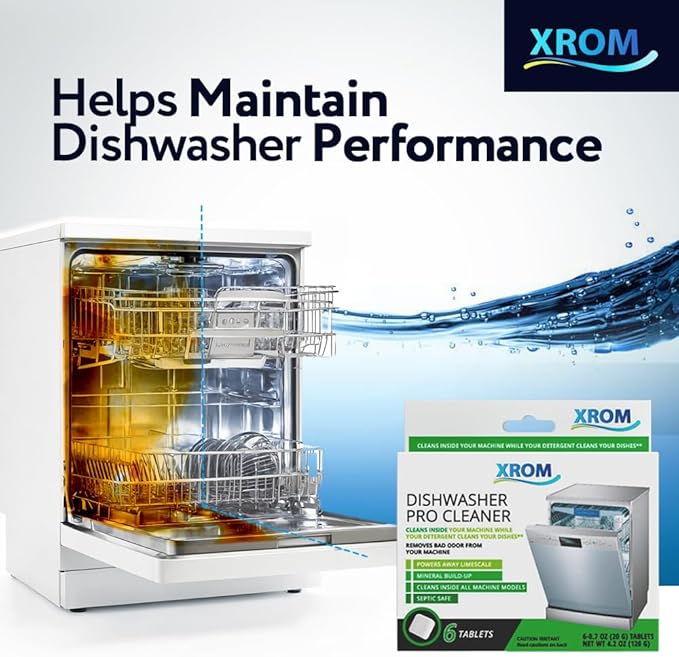 XROM Dishwasher Cleaner Tablets, Plant Based, Deep Clean and Descaler, Removes Odors & Hard Water Stains, 6 Treatments.