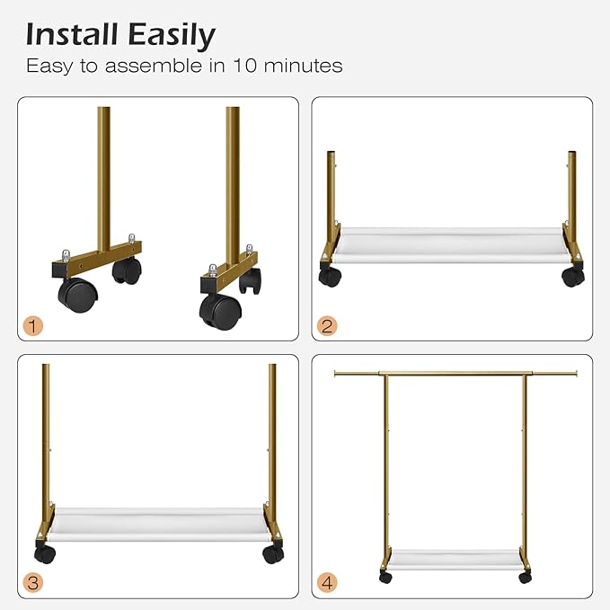 MISSLO Short Clothing Racks for Hanging Clothes with Bottom Shelves and Wheels Heavy Duty Rolling Clothes Rack Kids Clothing Rack for Adult Coat, Closet, Wardrobe (Gold)