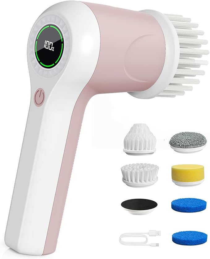Electric Spin Scrubber, Cordless Shower Scrubber with Battery Level Display, 2 Speeds Electric Scrubber for Cleaning with 6 Replaceable Heads, Cleaning Brush for Bathroom/Sink/Window (Pink)