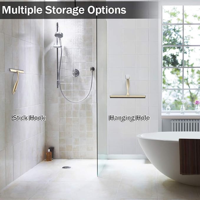 Shower Squeegee with Self Adhesive Hook, 14 Inches Stainless Steel Squeegee Cleaner, All-Purpose Window Scraper for Bathroom Doors, Mirror, Windows and Car Glass, Light Gold