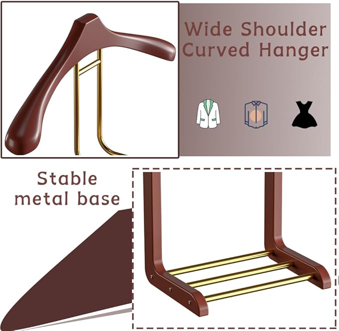Suit Valet Stands for Women and Men, Wood Valet Stand with Base, Wardrobe Suit Valet Stand Organizer with Trouser Bar and Tie Bar, for Office Living Room (Reddish-Brown)
