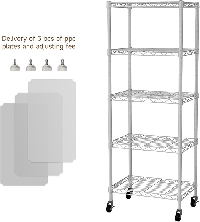 Golpart Small 5 Tier Shelves Storage Wire Shelving Unit Metal Shelf Adjustable Organizers Storage Shelving with Wheels for Bathroom Laundry Room Kitchen Pantry12”D x 18”W x 57.2”H White