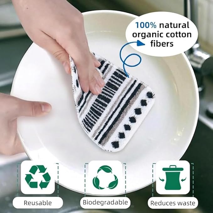 Amarelle GEN II Dish Washing Scrubbers (10-Pack), Made in Green Kitchen Scrubbers for Dishes, Non Scratch Pot & Pan Scrubber, Heavy Duty GOTS Organic Cotton Scouring Pads, Reusable (Metro Sketch)