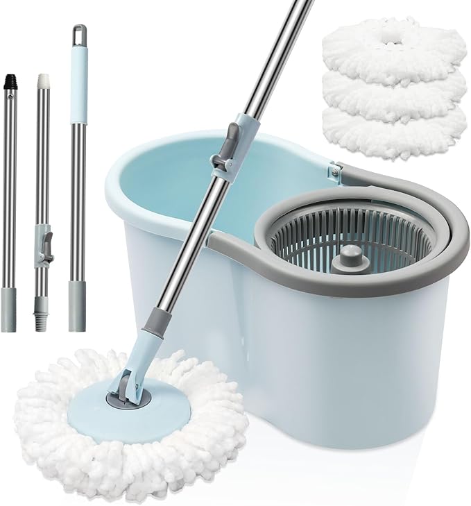 Spin Mop and Bucket with Wringer Set, 360° Spinning Mop Bucket System with 3 Microfiber Mop Replacement Heads and 50" Stainless Steel Adjustable Handle for Floor Cleaning