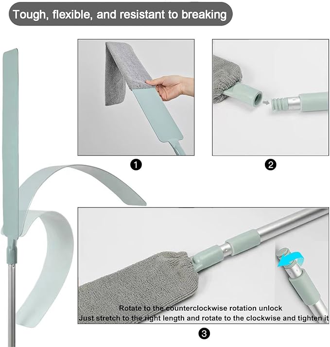 Dust Brush Under Appliance Microfiber Duster with Extension Pole (40 to 55 inches) Bendable, Washable, Extendable Gap Dusters for Sofa Bed Furniture Bottom - Wet or Dry Gray
