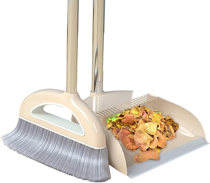Broom and Dustpan Set with Long Handle - Dust Broom and Dustpan Combo, Lightweight Robust Kitchen Brooms Dustpans, Ergonomic Duster Tool Cleaning Gadgets, for Home, Kitchen, Offices, Pet Hair, White