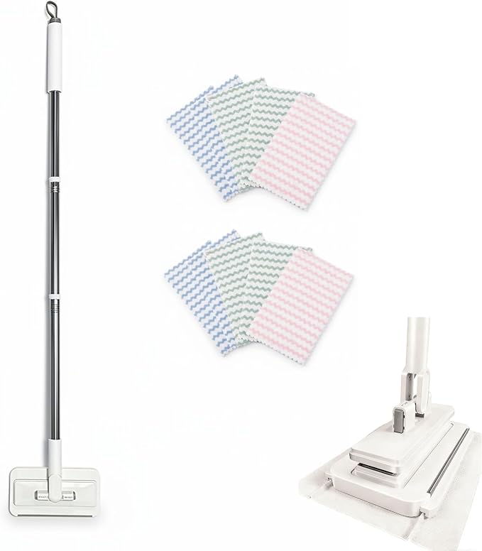 Snap Grip Mini Mop Stick with 39in Handle — Zero-Touch Gap Dust Cleaner & Locking Head, Lazy Mops Wet and Dry for Kitchen Bathroom Toilet Cleaning (1 mini mop+10 Cloths)