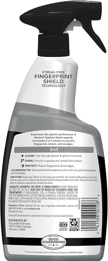 Weiman Stainless Steel Cleaner & Polish, Anti Fingerprint Spray Stainless Steel Cloth, Water Spots & Grease, No Streaks or Residue, Safe for Metal Polish, Chrome, Appliances, Fridge, Sinks & Grills