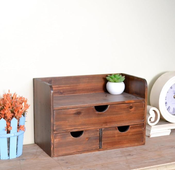 Vintage Rustic Brown Wooden 3 Drawer with Shelf Office Desk Organizer & Mail Rack For Desktop,Box for Office Home makeup holder Toiletries Supplies Vanity, No Assembly Required (Brown)