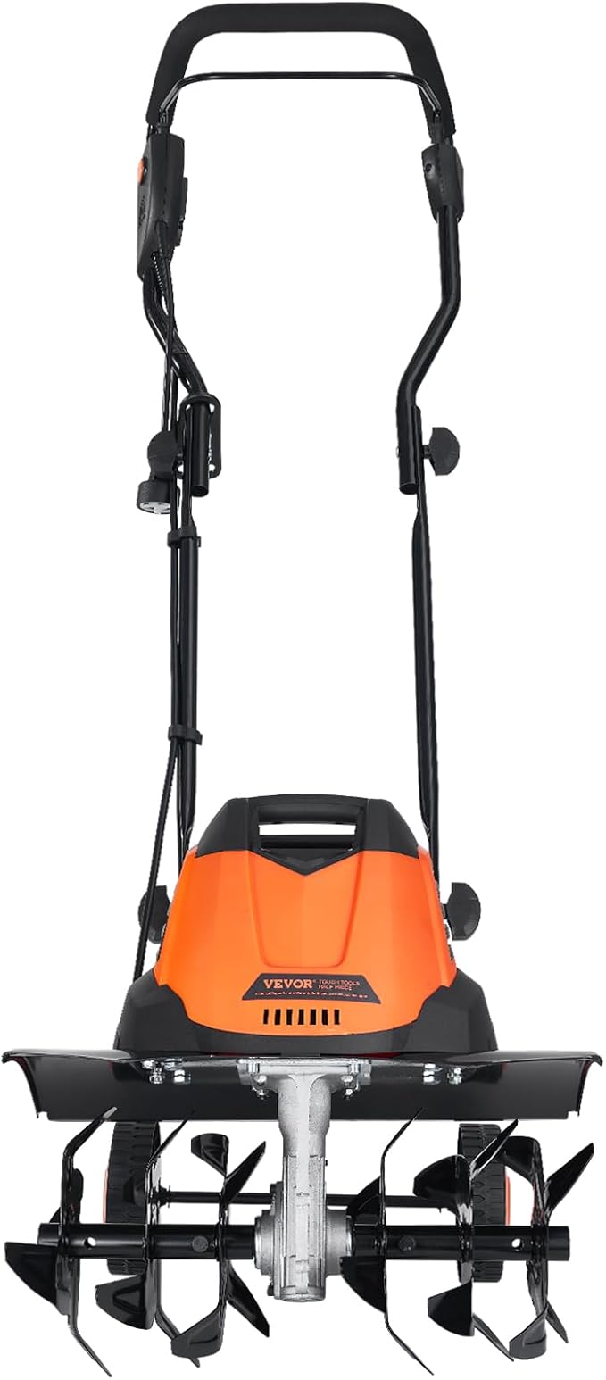 VEVOR 12 Amp Electric Tiller, 18" Tilling Width & 3.94" Tilling Depth, Corded Electric Cultivator with Adjustable Wheels, Steel Mn Tines, Rototiller for Garden Lawn Easy Soil Digging Cultivation