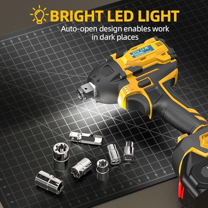 Cordless Impact Wrench, 21V Torque Power Impact Driver, 1/2" Power Impact Wrenches with 2 * 2.0Ah Batteries with 19 Accessories, Electric Impact Motor Variable Speeds for home installation (Yellow)