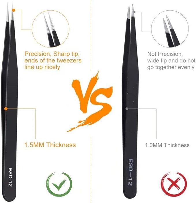 6PCS Precision Tweezers Set, Upgraded Anti-Static Stainless Steel Curved of Tweezers, for Electronics, Laboratory Work, Jewelry-Making, Craft, Soldering, etc, by kaverme.