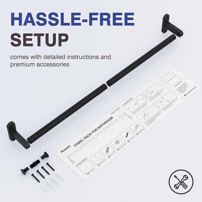 Powools Matte Black Towel Rack for Bathroom - 24" Rustproof Towel Holder, Sturdy Towel Bar Wall Mounted, Space-Saving Towel Hanger, Bathroom Accessories, Home Decor, Apparment Essentials