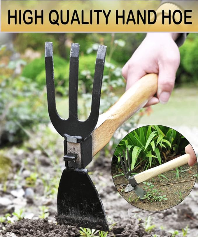 Garden Hoe,Garden Tools Digging Hoe and Rake, Hand Hoe with Wooden Handle for Loosening Soil and Weeding