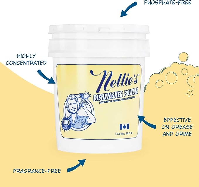 Nellie's Dishwasher Powder - Superior Grease Penetration, Powerful Plant-Based Formula, Safe for Septic Systems, Advanced Food Particle Dislodging, Eco-Conscious Cleaning - 1,100 Scoop Bulk Bucket