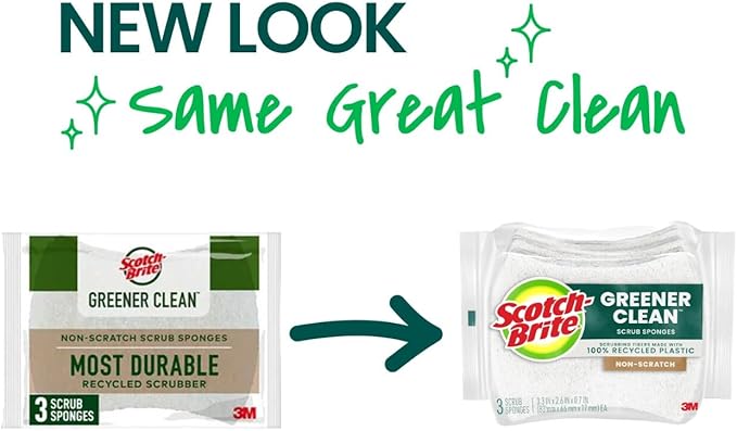 Scotch-Brite Greener Clean Non-Scratch Scrub Sponge, Sponge for Washing Dishes, Cleaning Kitchen, Superior Performance and Made with Sustainable Materials, Dishwasher Safe, 3 Scrub Sponges
