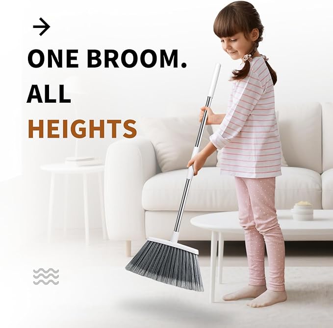 Broom, Outdoor Brooms for Sweeping Indoor, Adjustable 55" Pet Hair Removal Heavy Duty Broom for Floors Home Kitchen Garage Commercial Patio Industrial Snow (White)