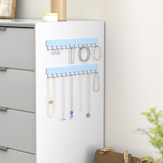 bussdis Necklace Organizer Wall Mount: Wall Necklace Hanger with Hooks for Tangle-Free Storage – Easy Access Wall Mounted Necklace Holder for Jewelry Display, Baby Blue