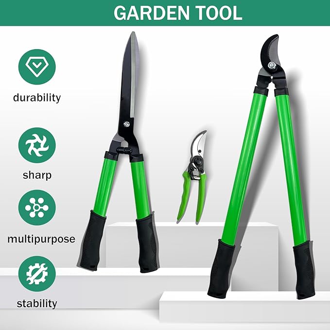iMeshbean 3 Pieces Garden Tools Set Lopper & Pruning Shear & Tree Trimmer Pruner Ideal for Indoor & Outdoor Gardening, Branch Cutting & Plant Trimming