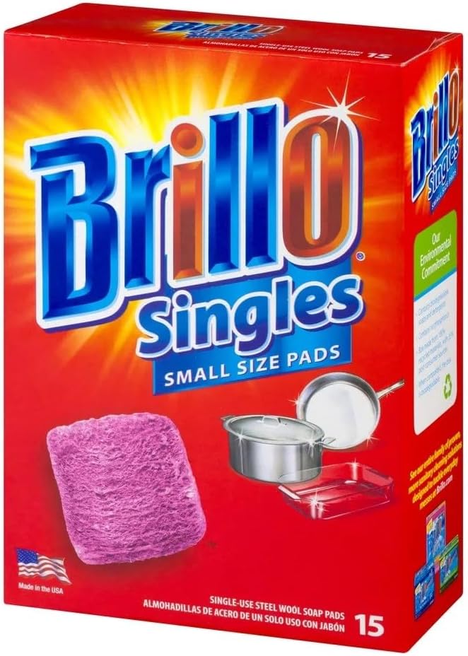 Brillo Single Use Steel Wool Soap Pads, Smaller Size Original Red Scent, 15 Count Pack of 1