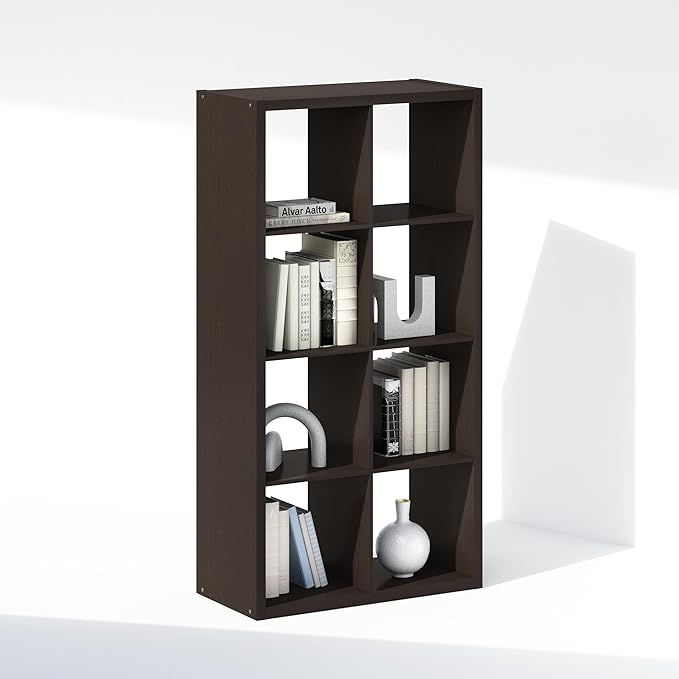 Furinno Simple Cube Storage Organizer, 8-Cube Display Shelf, Open Back Shelving Unit, Storage Shelves, Extra Thick Frame, for Organization and Storage, Living Room, Home Office, Dark Oak