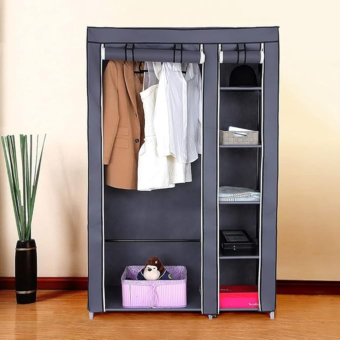 Portable Closet Wardrobe,67'' Closet Storage Organizer Rack with Shelves and Cover for Hanging Clothes, Non-Woven Fabric, Quick and Easy to Assembly (Gray)