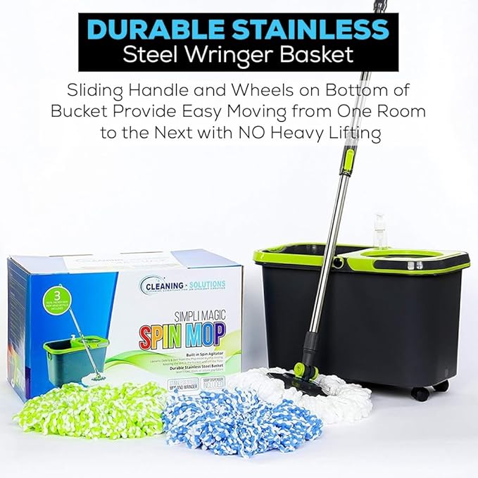 Simpli-Magic 360° Spin Mop and Bucket with Wringer – 3 High-Absorbent Microfiber Washable Heads, Soap Dispenser – Spinning Mop and Bucket Set for All Types Floor Cleaning