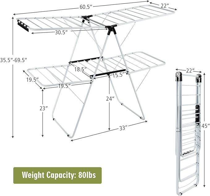 Tangkula Foldable Clothes Drying Rack, 2-Level Folding Drying Rack for Indoor Outdoor Use, Drying Rack Clothing w/Height-Adjustable Gullwing, 33 Drying Rails, Sock Clips