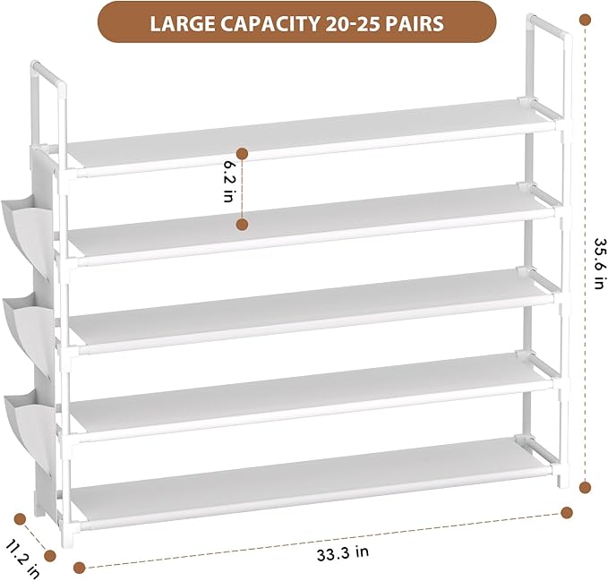 OYREL 5 Tier Shoe Organizer, 33.3in Wide x 11.2in Deep x 35.6in Tall, Black Metal and Plastic Shoe Rack with Side Bag, Holds 20-25 Pairs of Shoes