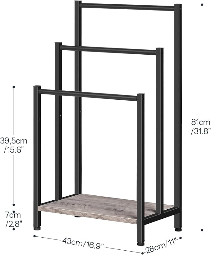 HOOBRO Free Standing Towel Rack, 3 Tier Blanket Rack, Blanket Holder for Bathroom, 16.9" L x 11" W x 31.9" H, Industrial Metal Drying and Display Rack with Shelf, Greige and Black BG03LB01